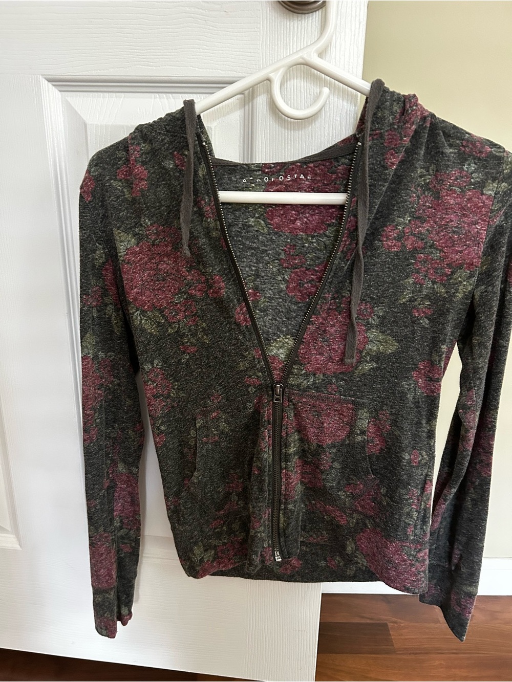 Aeropostale Dark Gray Zip Hoodie with Rose Print